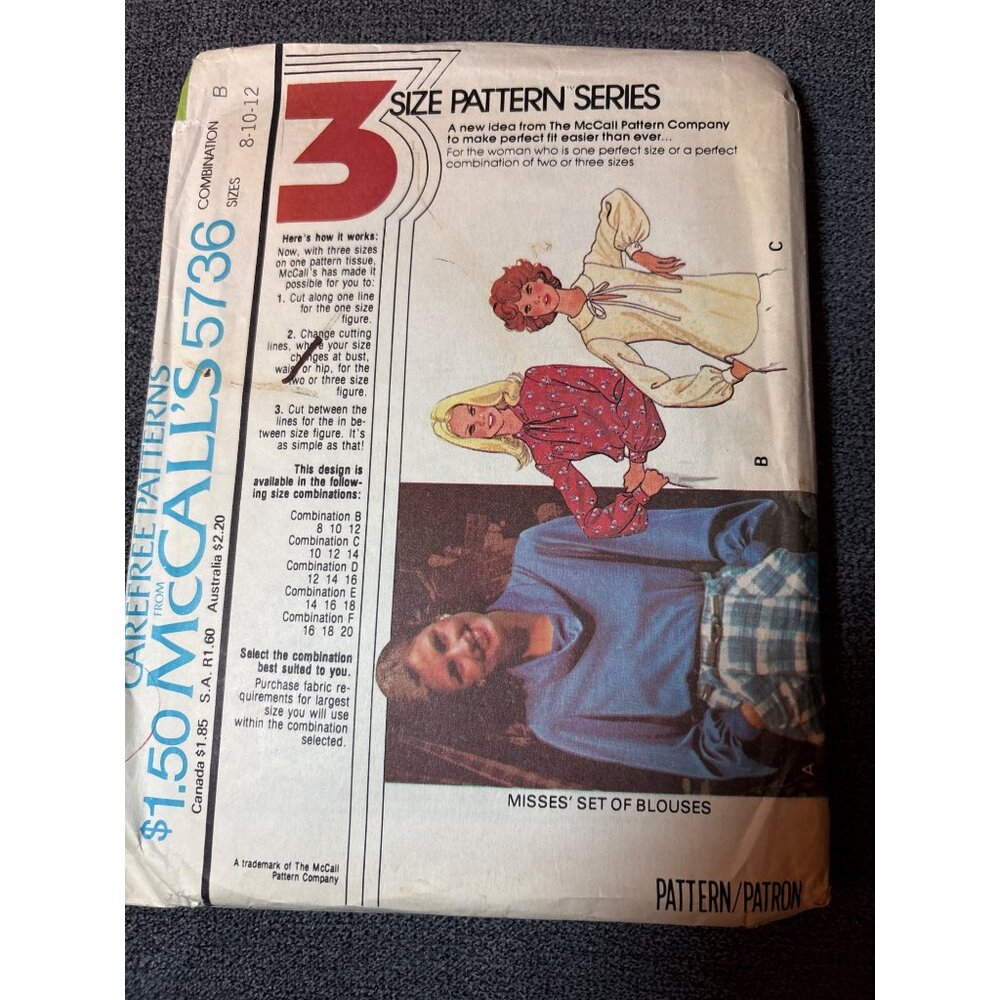 Vintage McCalls 5736 Misses Blouse Sewing Pattern Size 8-10-12 1977 Uncut